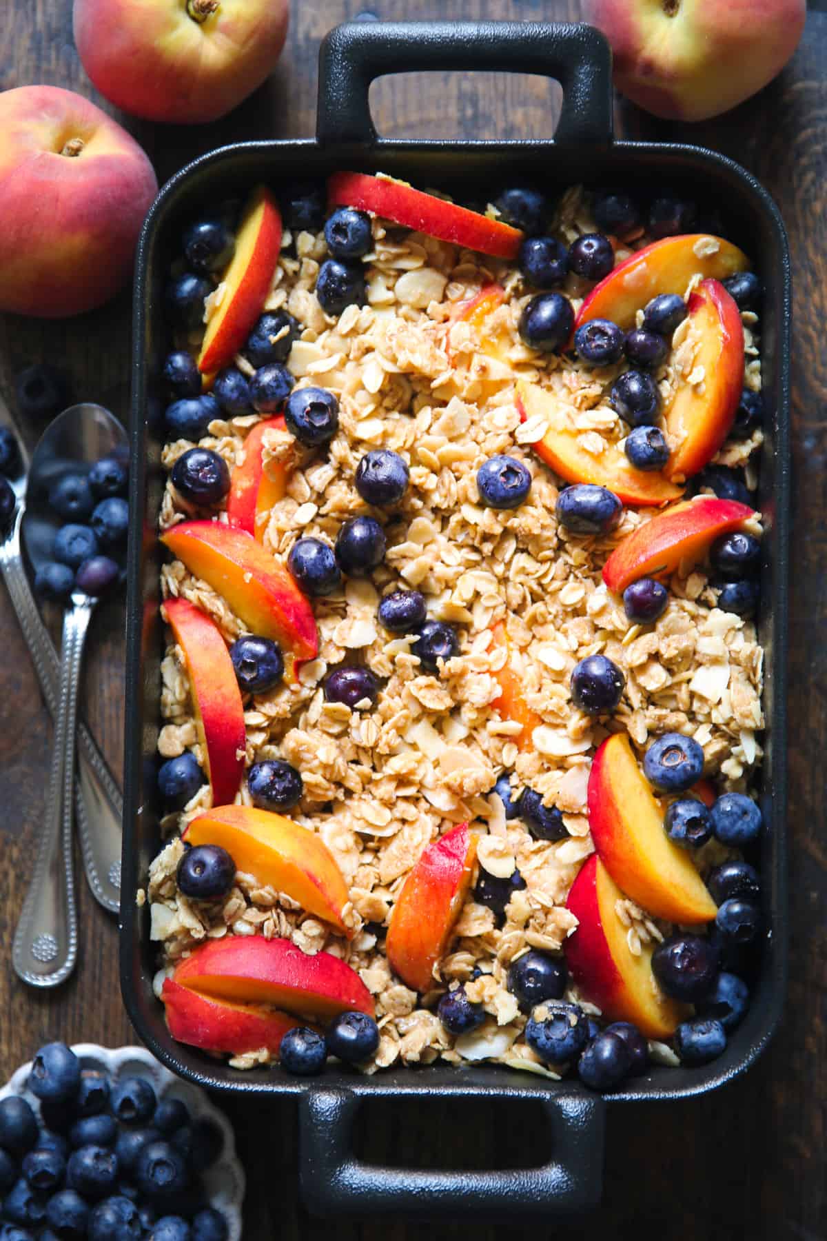 Peach and Blueberry Crisp in a baking dish