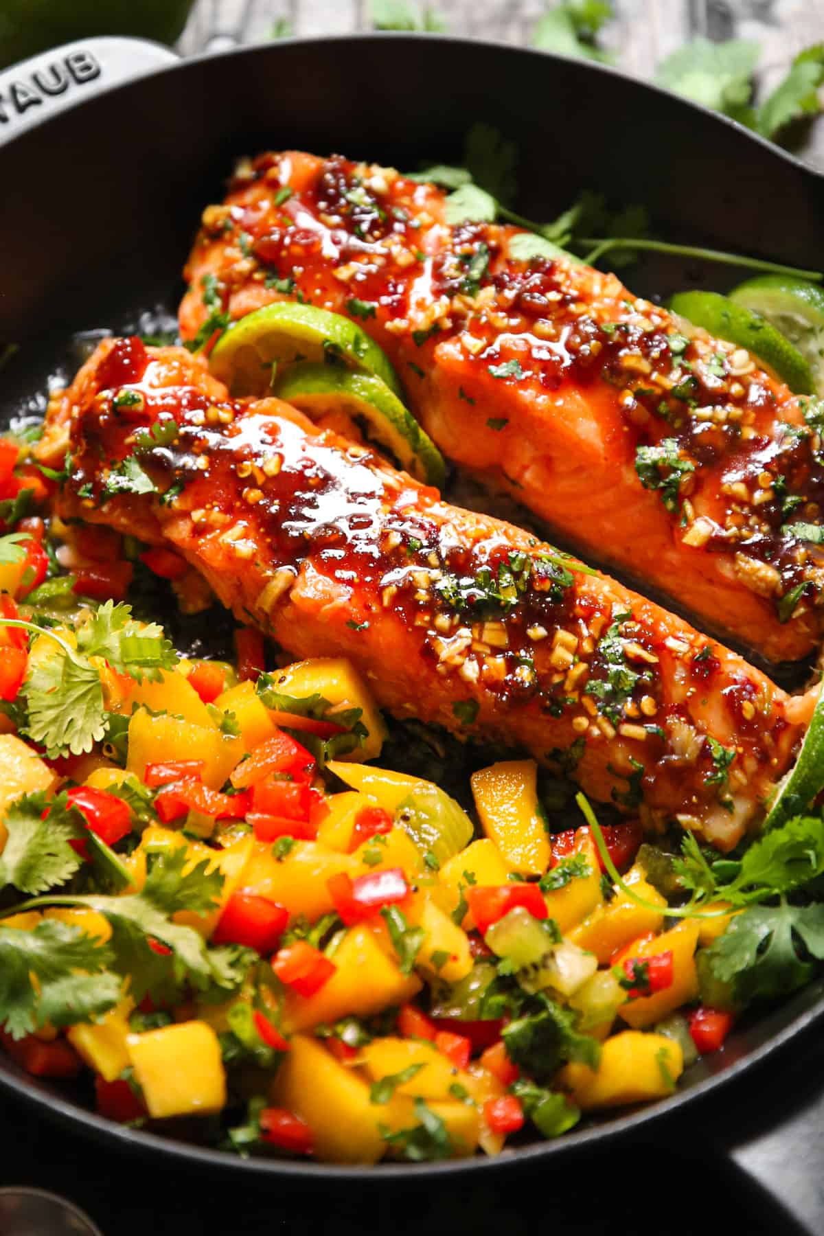 Salmon with Mango Salsa in a cast iron skillet