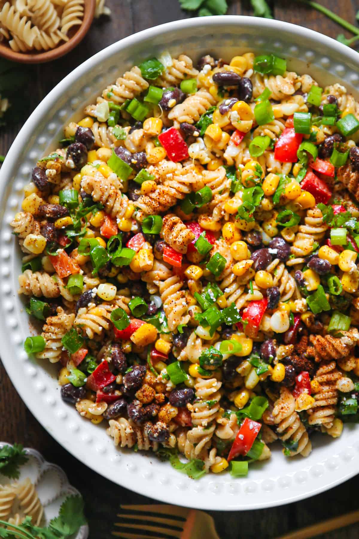 Mexican Street Corn Pasta Salad in a white bowl