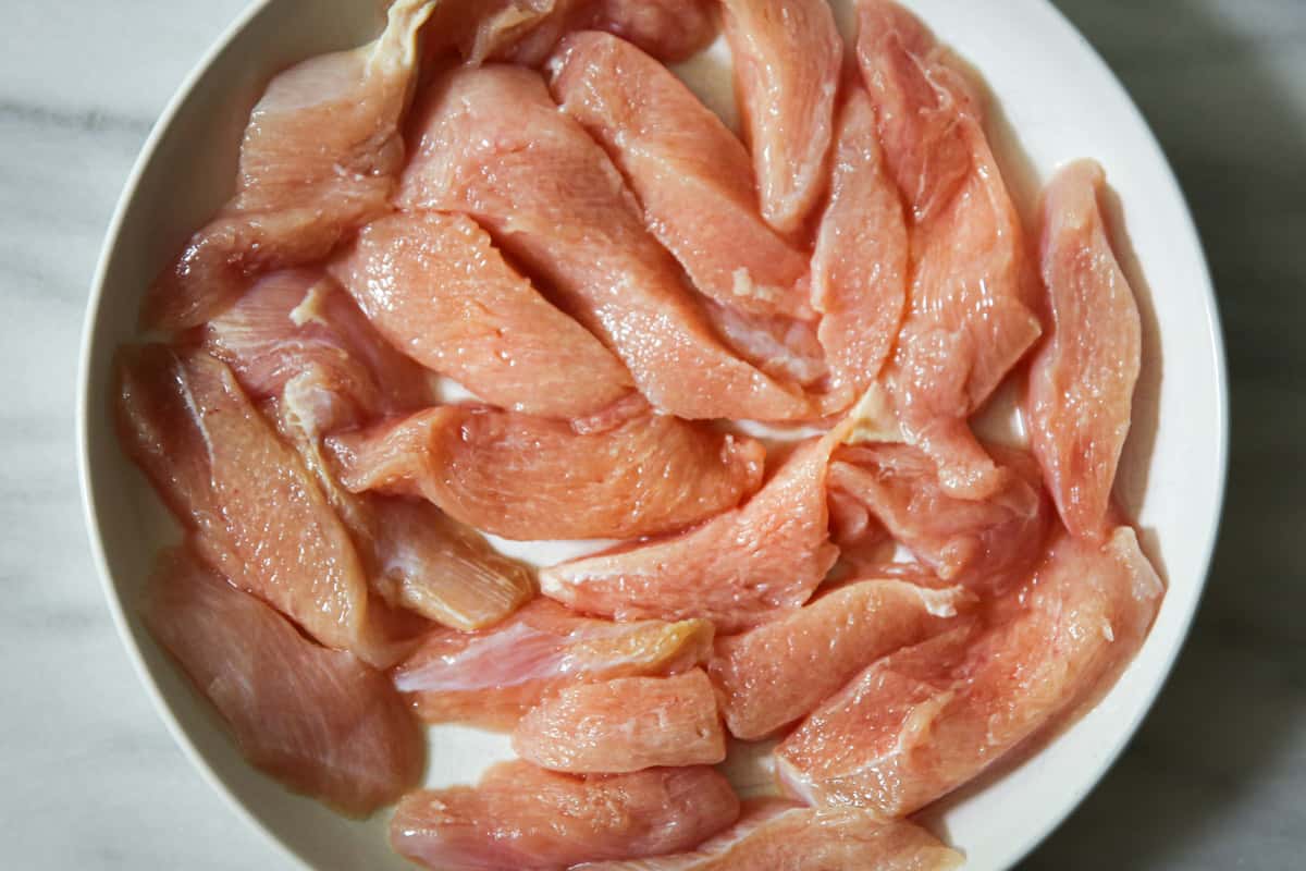 raw sliced skinless boneless chicken breasts on a plate