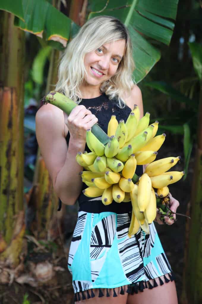 Julia (from Julia's Food Blog album) holds a load of fresh bananas against a backdrop of a tropical forest.