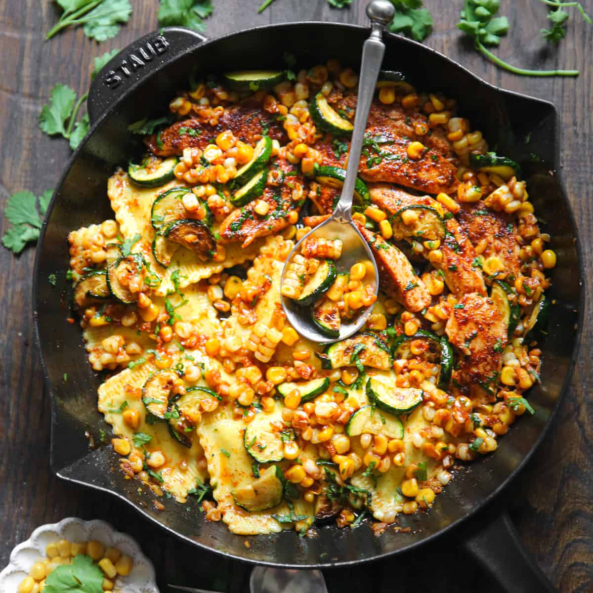 Garlic Butter Chicken with Zucchini, Corn, and Ravioli-image