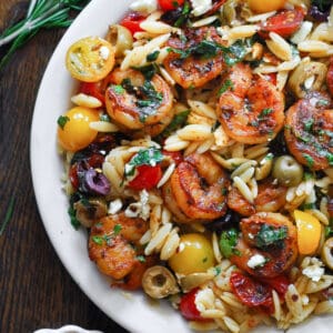 Greek Shrimp with Orzo, Feta, Olives, Sun-Dried Tomatoes, Cherry Tomatoes - on a white plate.