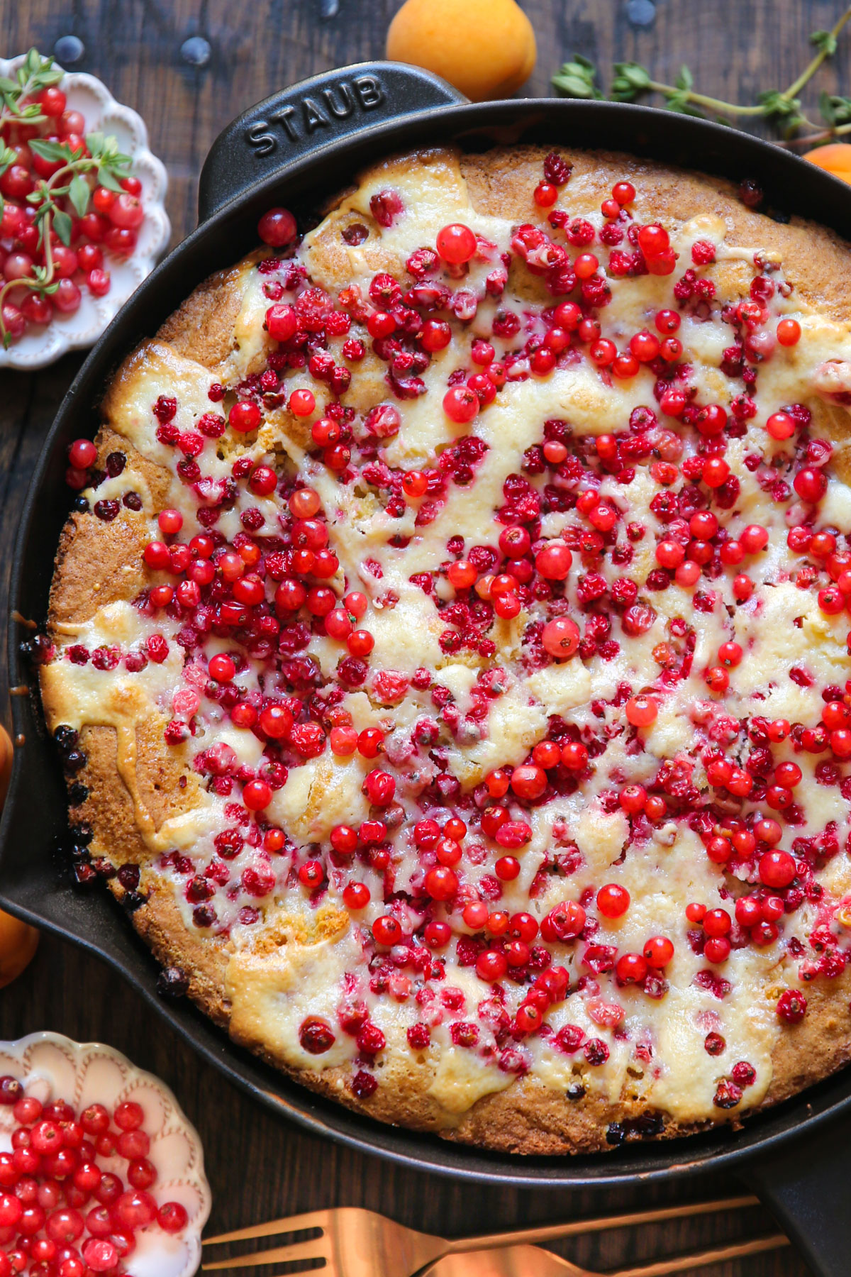 Baked Red Currant Cake with Cream Cheese Filling - in a cast iron skillet.