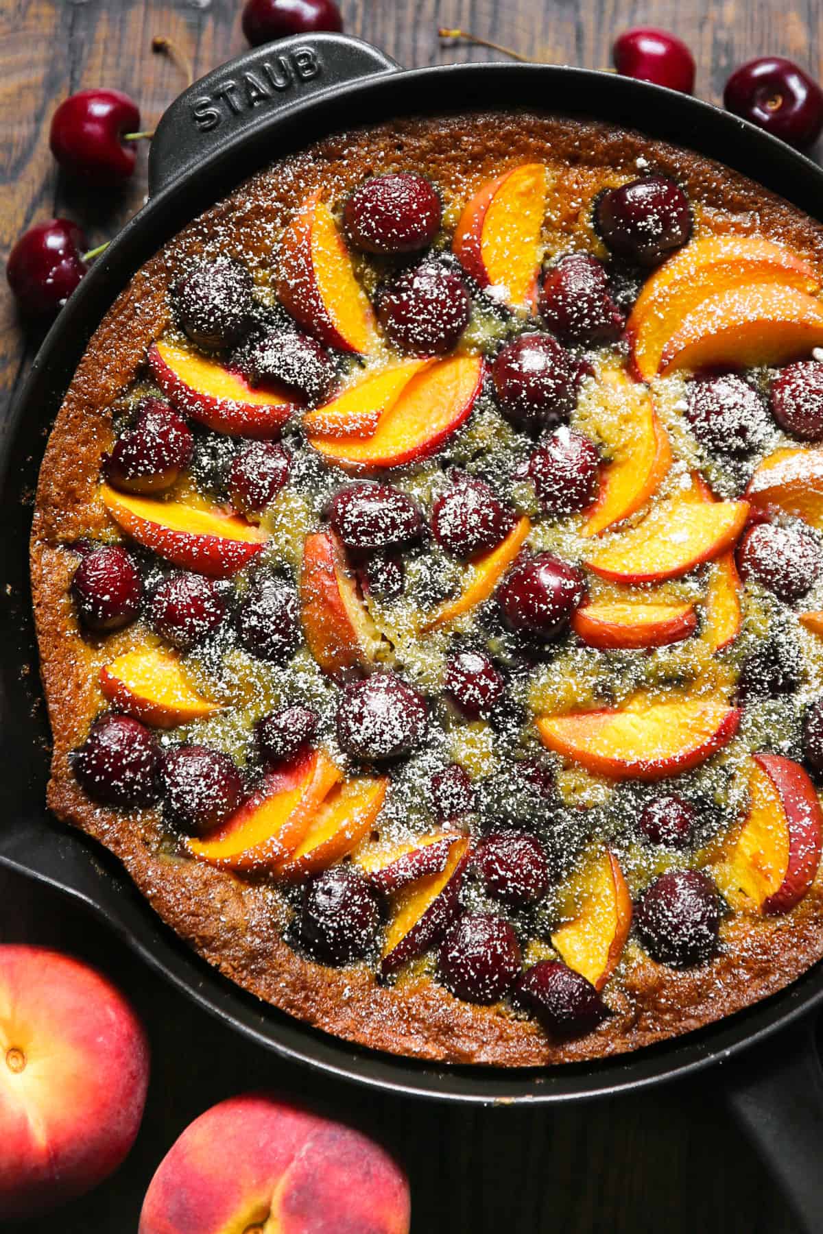 Stone Fruit Cake with Cherries and Peaches - in a cast iron skillet.