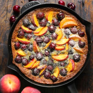 Stone Fruit Cake with Cherries and Peaches - in a cast iron skillet.