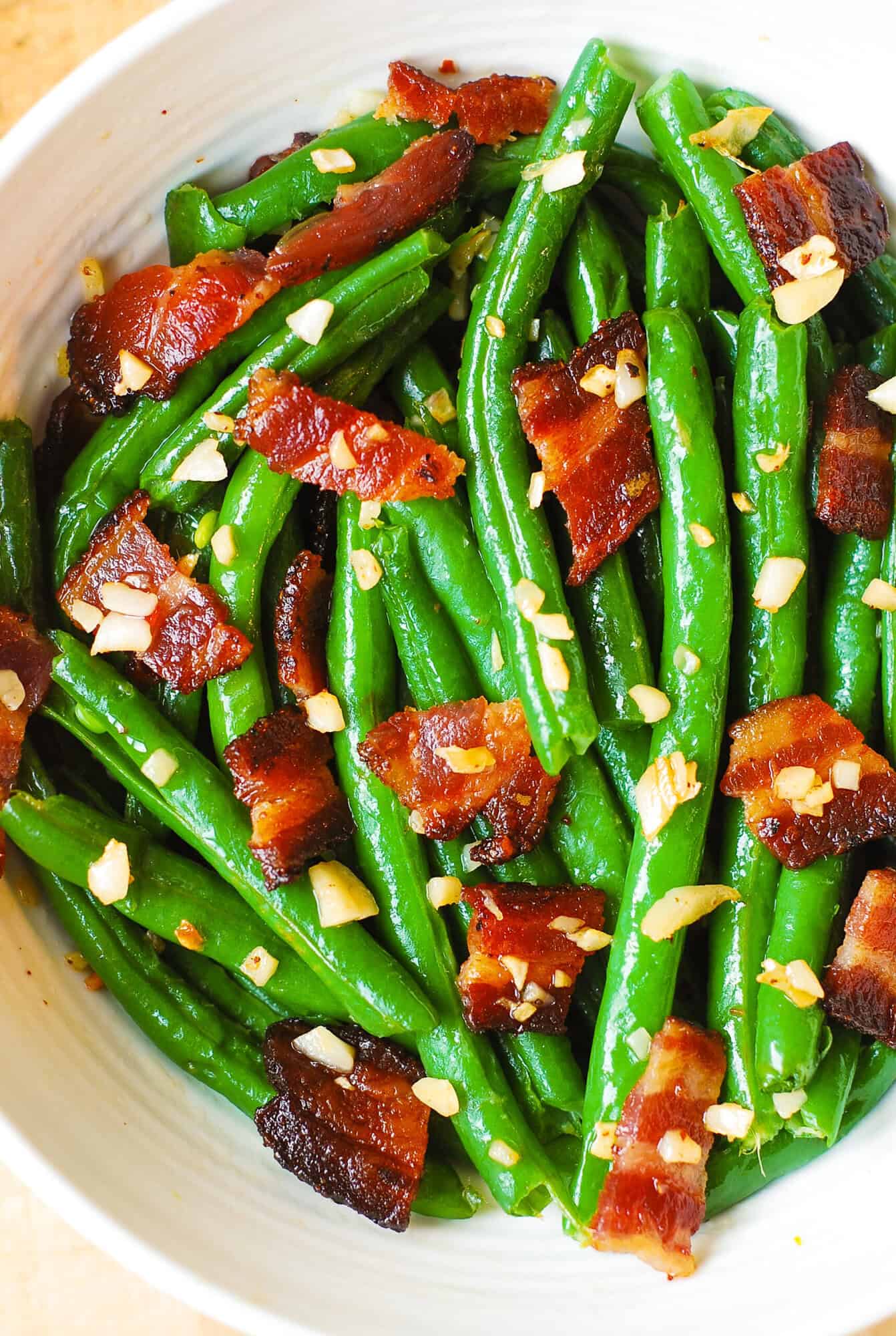 Garlic and Bacon Green Beans in a white bowl.