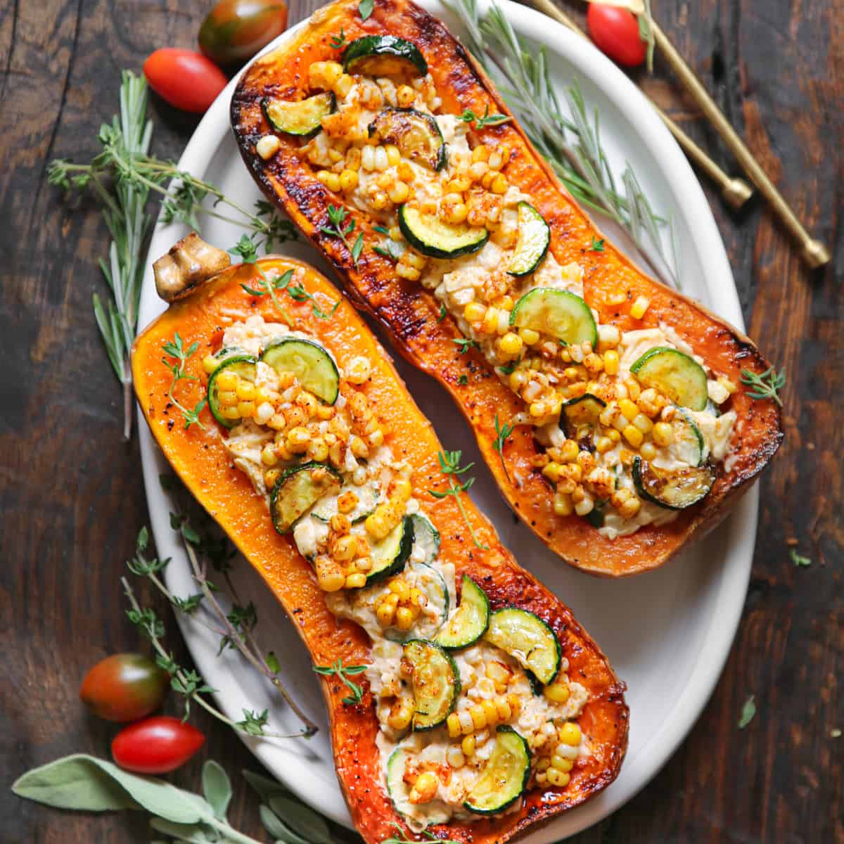 Roasted Butternut Squash (2 halves) stuffed with Corn, Zucchini, and Cheese - on a white platter.