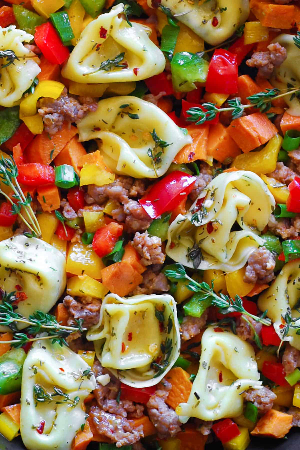 Sweet Potato Skillet with Tortellini, Sausage, and Bell Peppers - close-up photo.