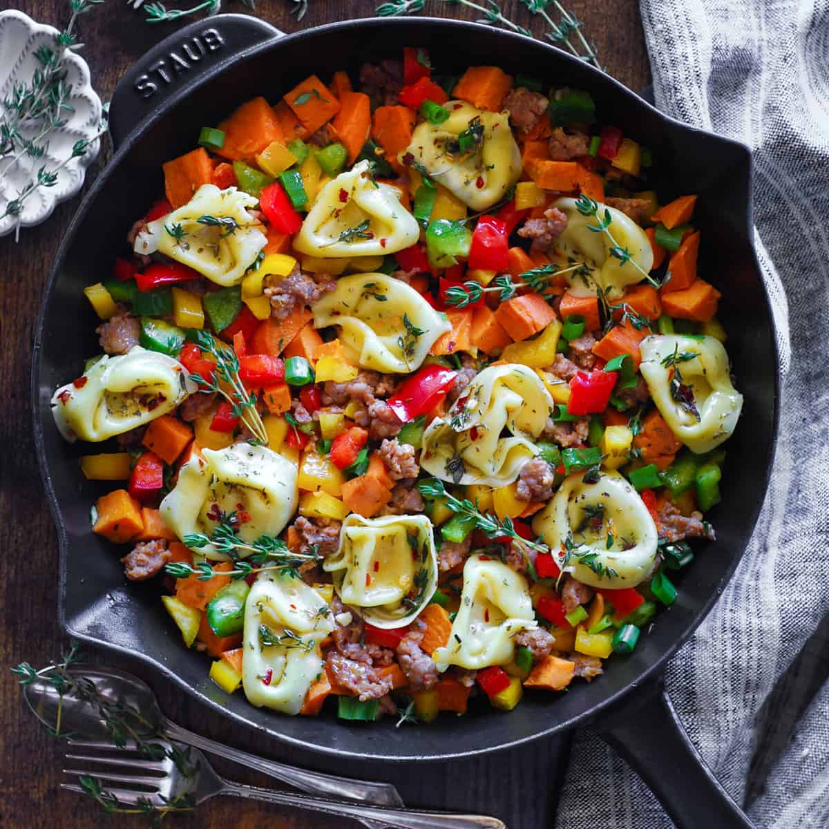 Sweet Potato Skillet with Tortellini, Sausage, and Bell Peppers.