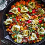 Sweet Potato Skillet with Tortellini, Sausage, and Bell Peppers.