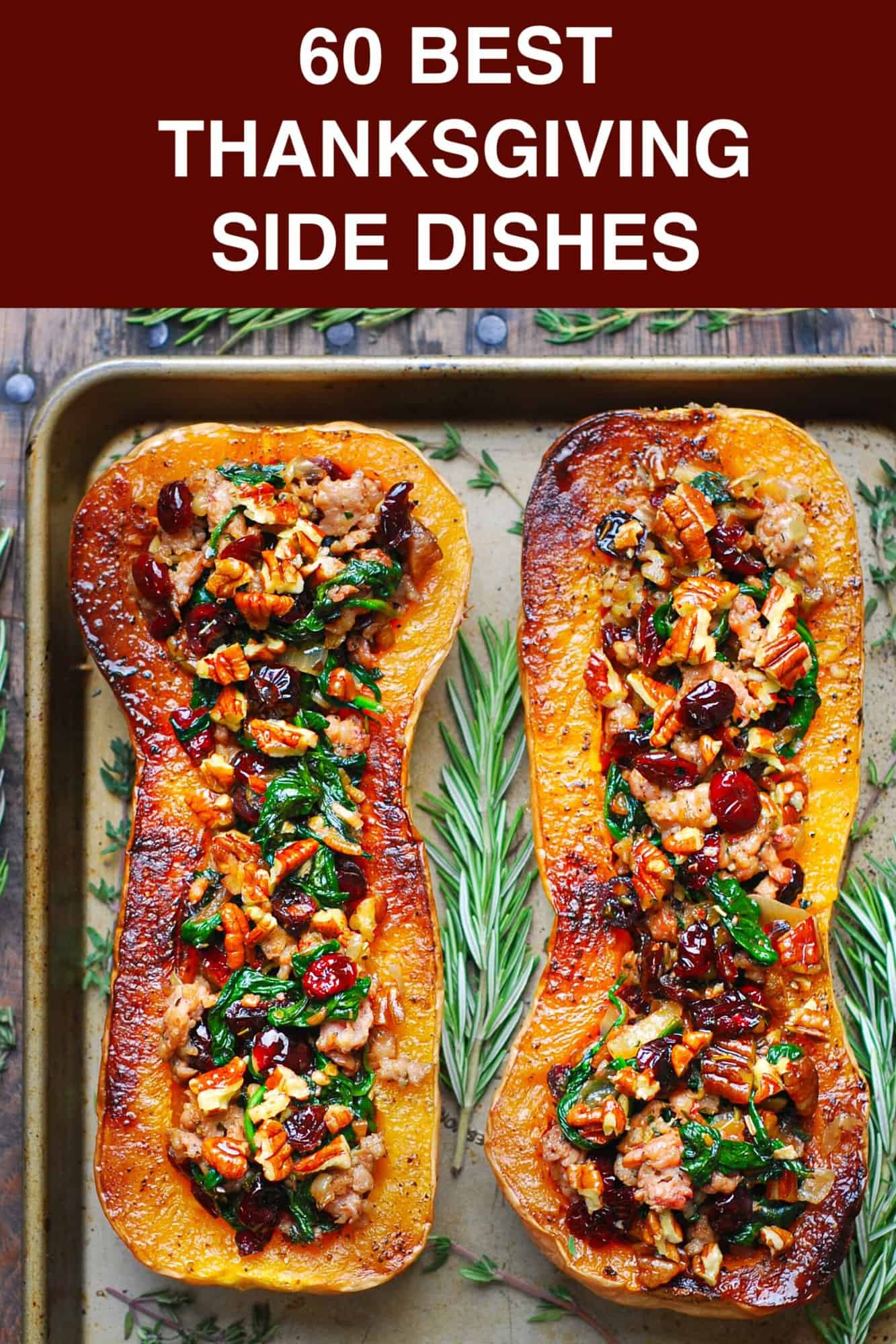 Stuffed Butternut Squash with Sausage, Spinach, Dried Cranberries, and Pecans - on a baking sheet.