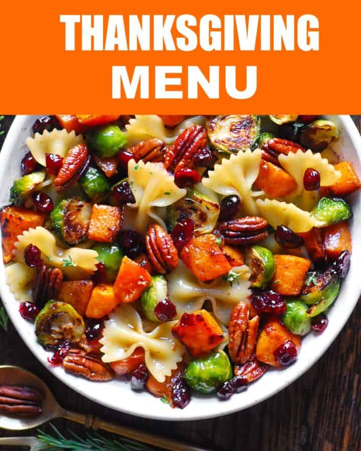 Butternut Squash Pasta Salad with Brussels Sprouts, Pecans, Dried Cranberries - in a bowl.