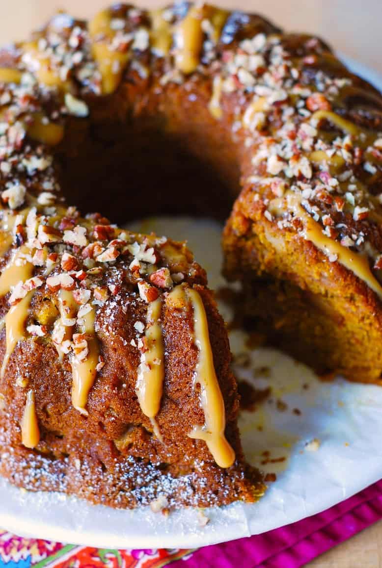 Pumpkin Apple Pecan Bundt Cake (topped with dulce de leche glaze and chopped pecans)