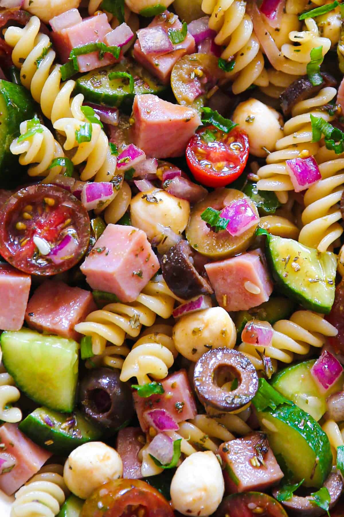 Ham Pasta Salad with Tomatoes, Cucumbers, Red Onions, Green Onions, Olives, Mozzarella Cheese - close-up photo.