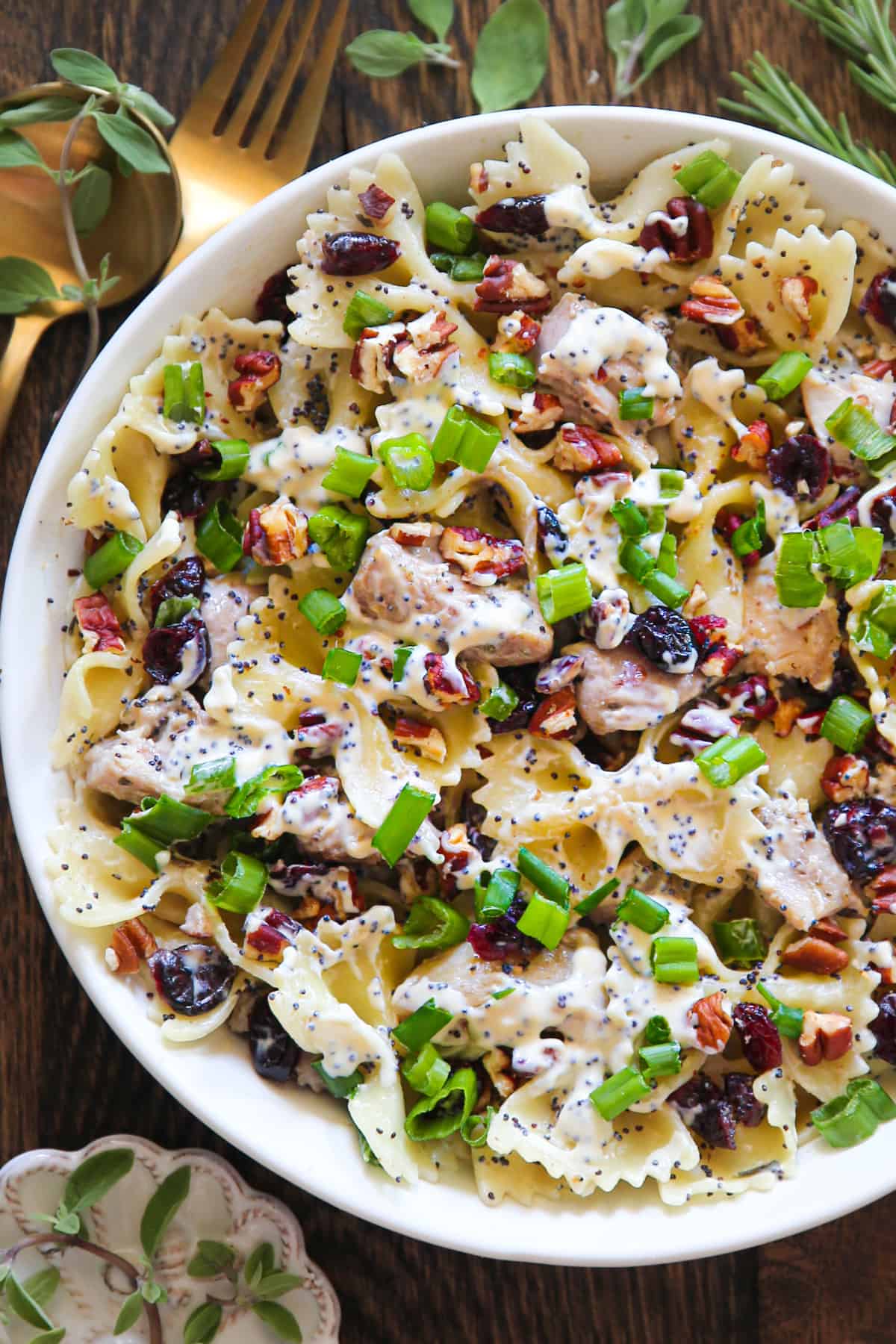 Chicken Pasta Salad with Pecans, Cranberries, and Creamy Poppy Seed Dressing in a white bowl.