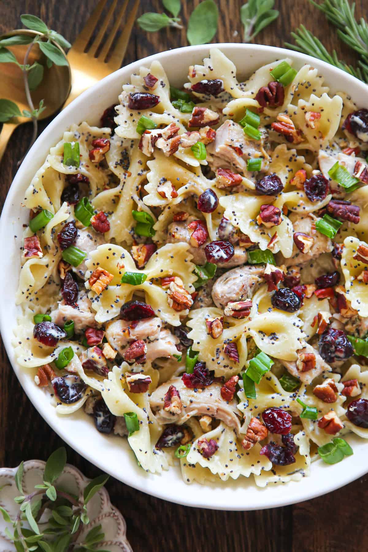 Chicken Pasta Salad with Pecans, Cranberries, and Creamy Poppy Seed Dressing in a white bowl.