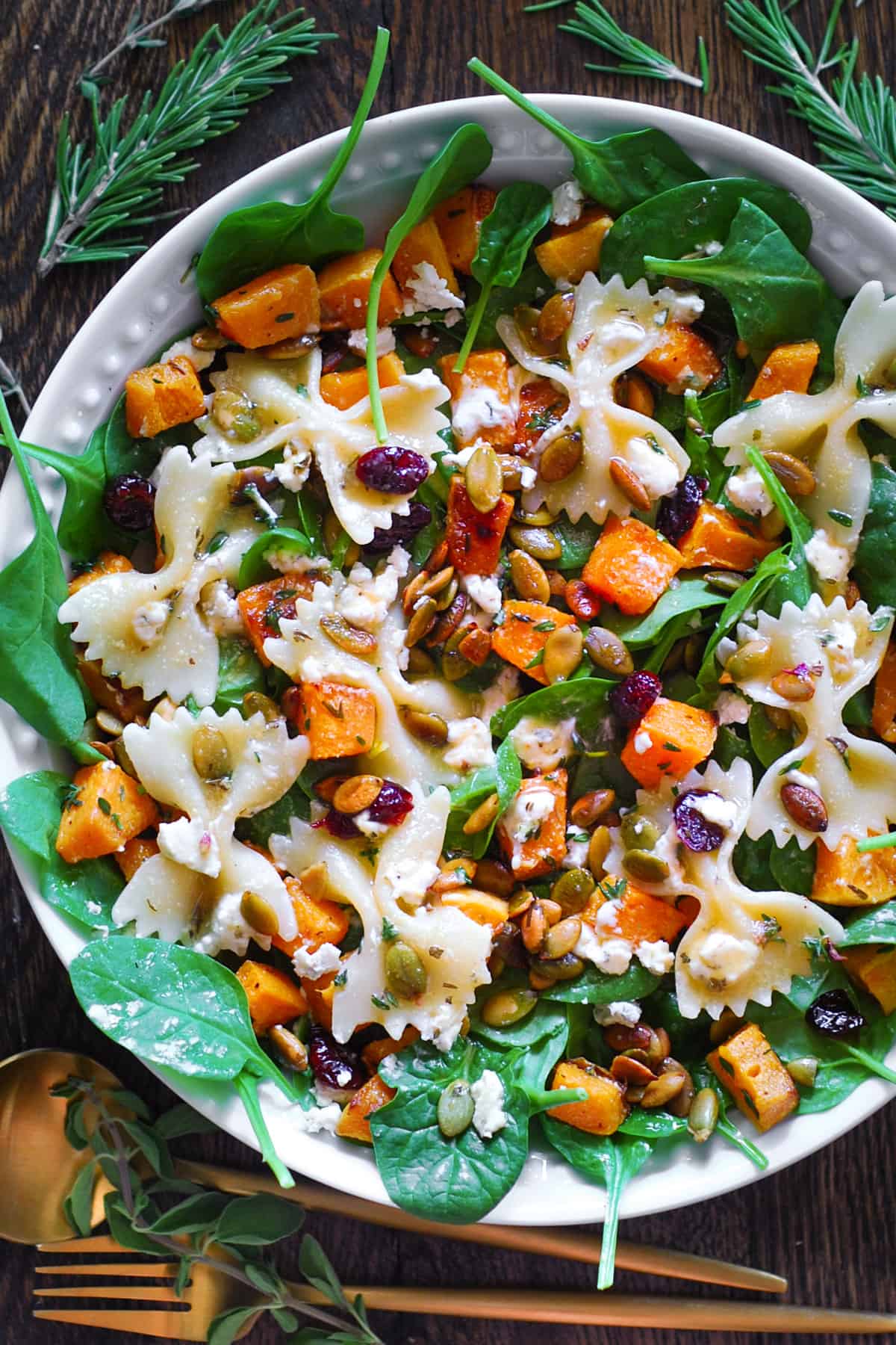 Fall Salad with roasted butternut squash, toasted pumpkin seeds, dried cranberries, baby spinach, creamy goat cheese, and bow-tie pasta - in a white bowl.