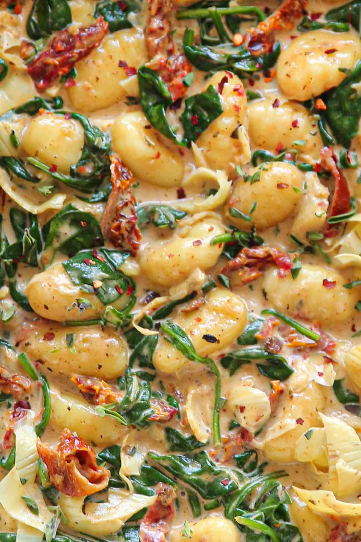 Creamy Tuscan Gnocchi with sun-dried tomatoes, spinach, and artichokes (close-up photo).