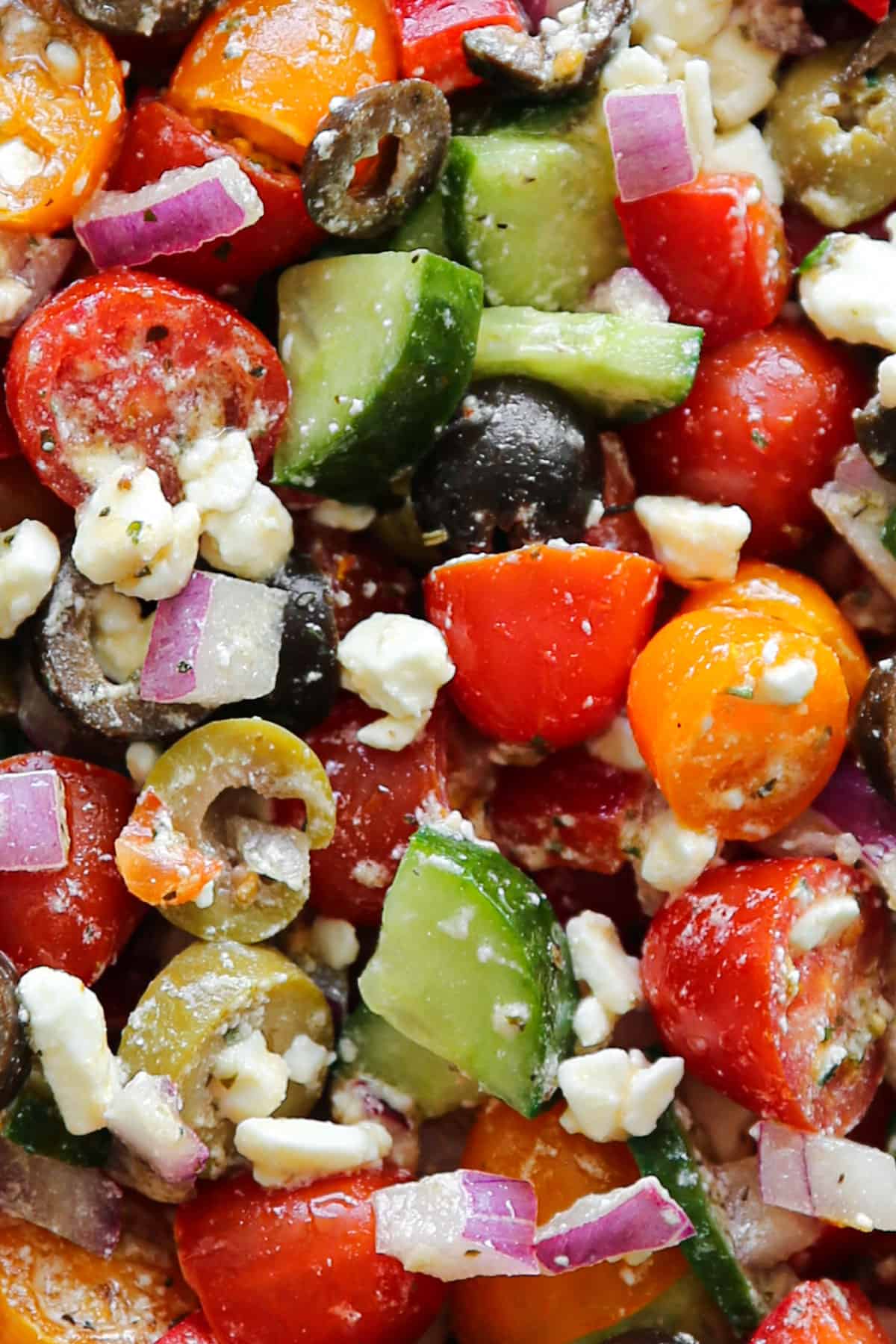 Greek salad with grape tomatoes, cucumber, bell pepper, olives, red onions, and feta cheese (close-up photo).