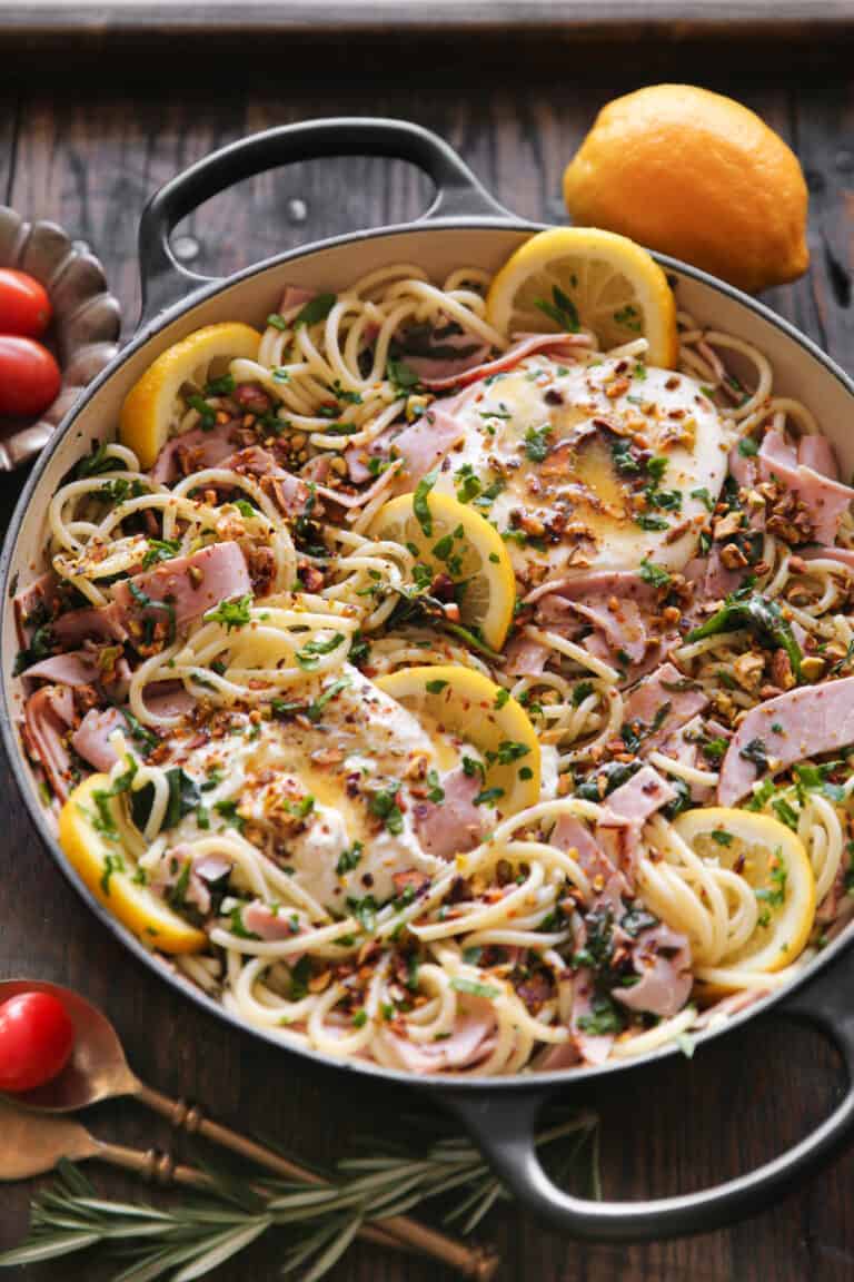 Ham Spaghetti Pasta with Spinach, Burrata Cheese, and Lemon Butter ...