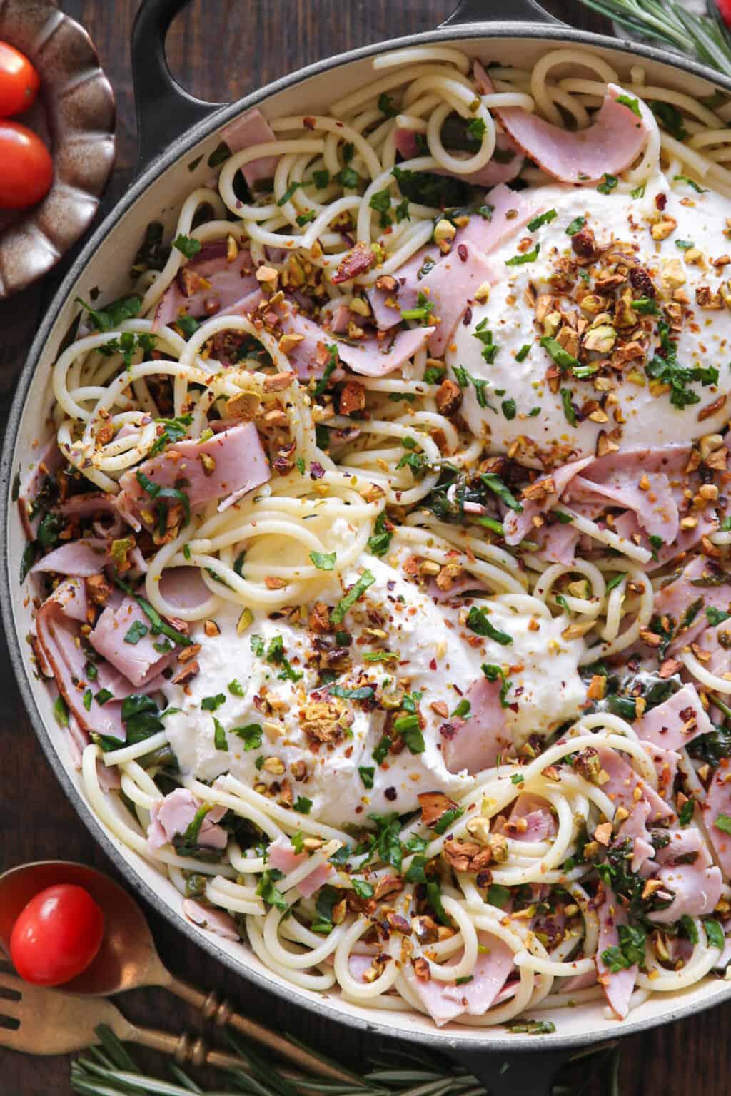 Ham Spaghetti Pasta with Spinach, Burrata Cheese, and Lemon Butter ...