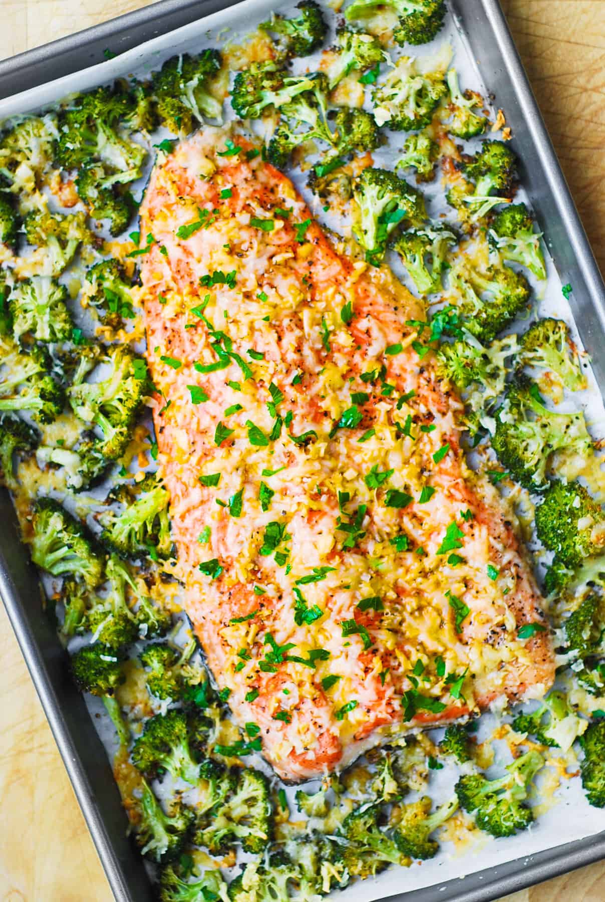 Sheet Pan Salmon and Broccoli with Garlic and Parmesan.