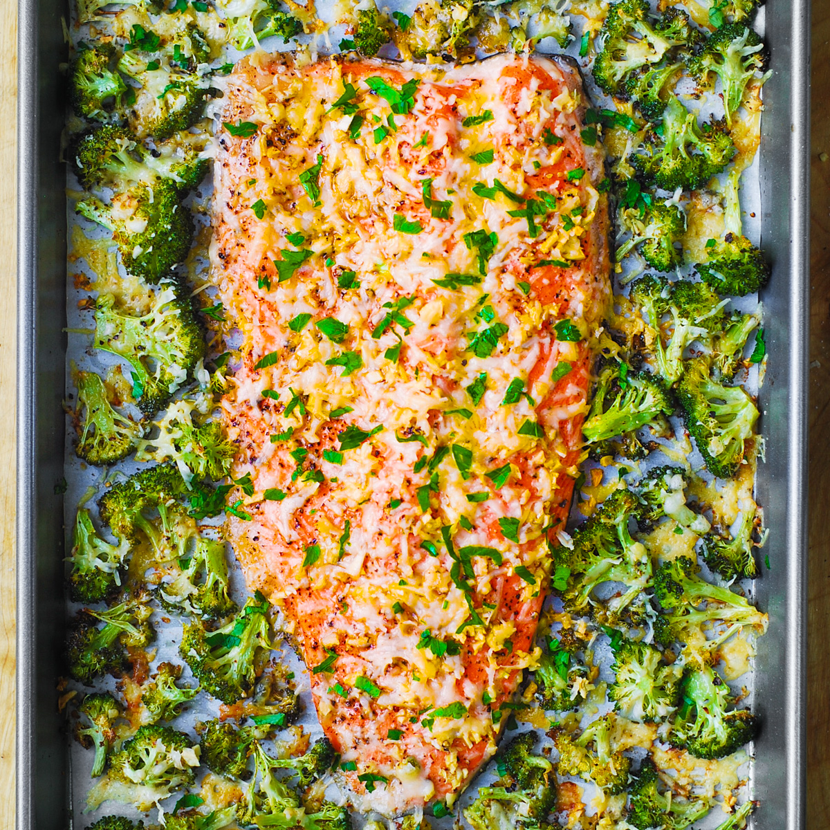 Sheet Pan Salmon and Broccoli with Garlic and Parmesan.