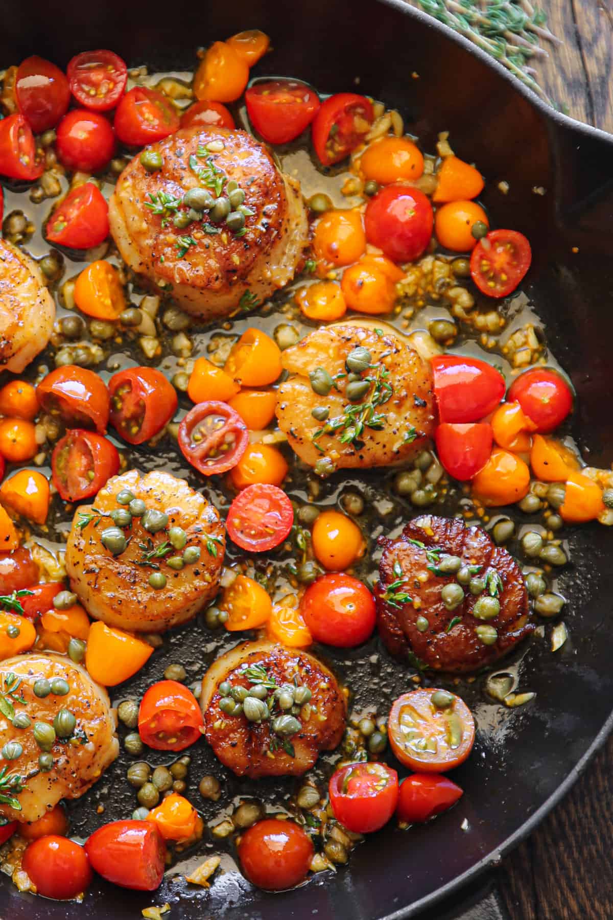 Mediterranean Scallops with Tomatoes and Capers - in a cast iron skillet.
