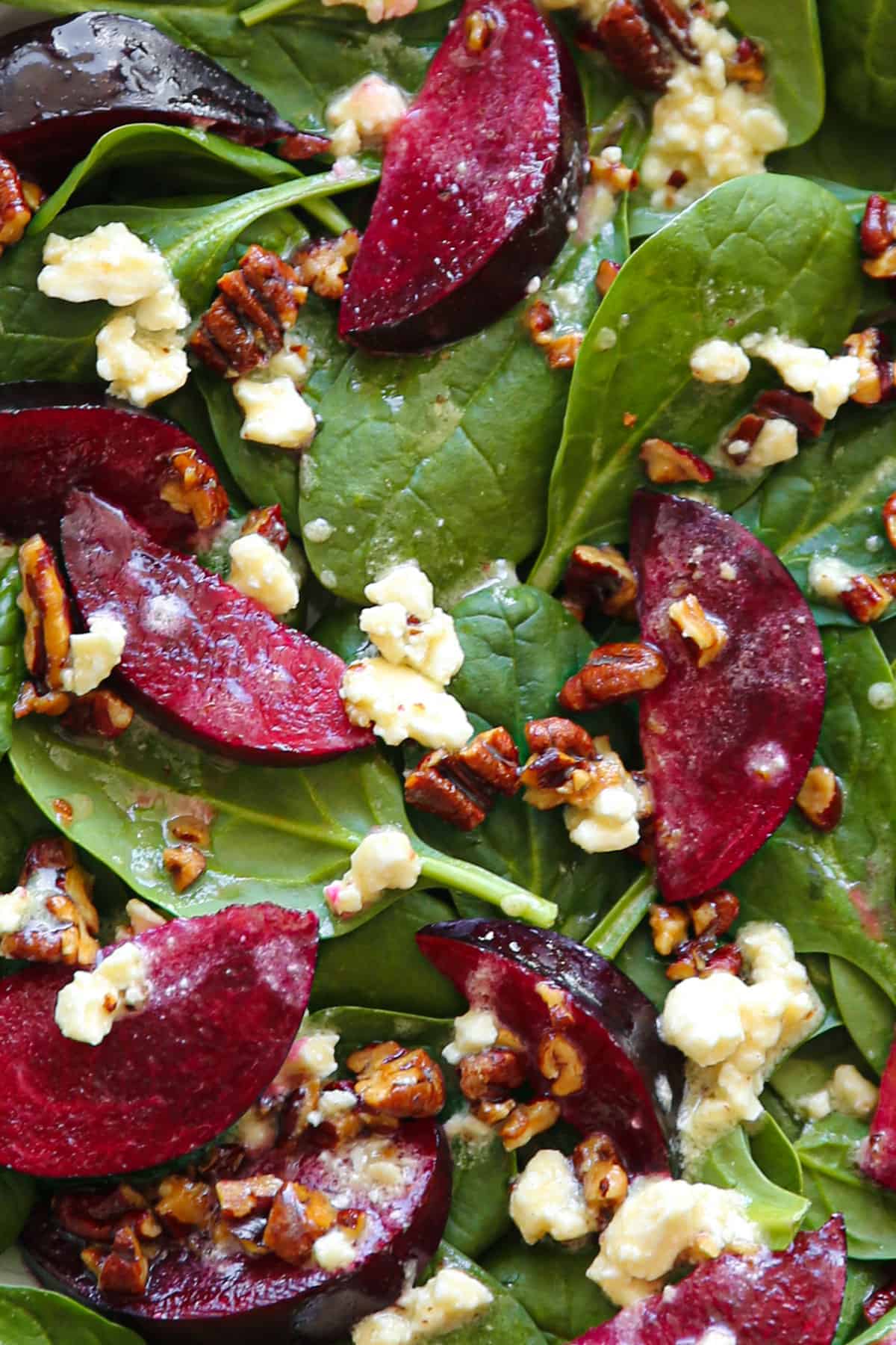 Plum Spinach Salad with Feta Cheese, Pecans, and Honey-Lemon Dressing (close-up photo).