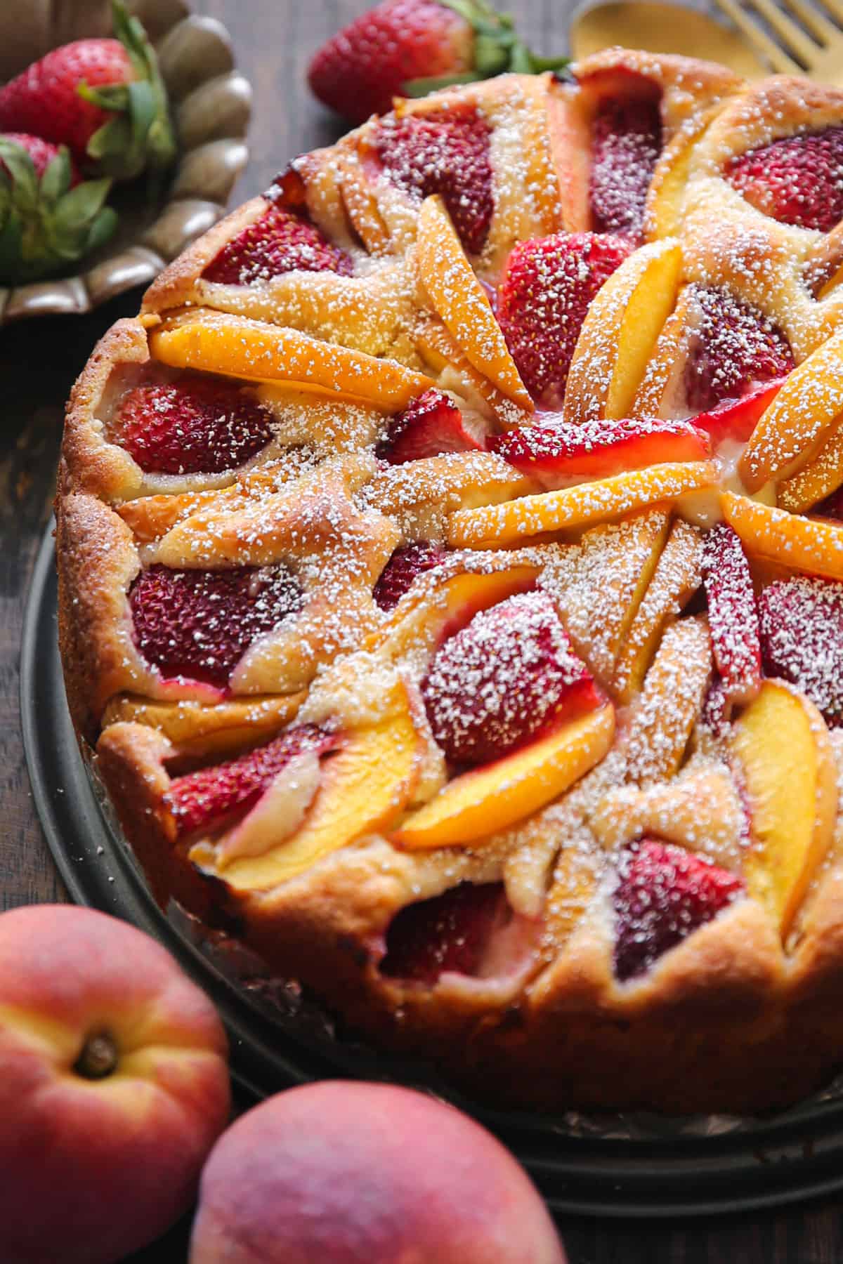 Strawberry Peach Cake (dusted with powdered sugar)