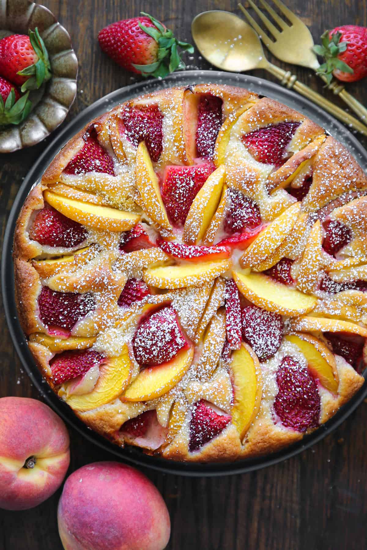 Strawberry Peach Cake (dusted with powdered sugar).