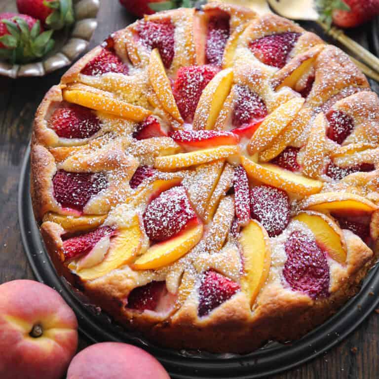 Strawberry Peach Cake (dusted with powdered sugar).