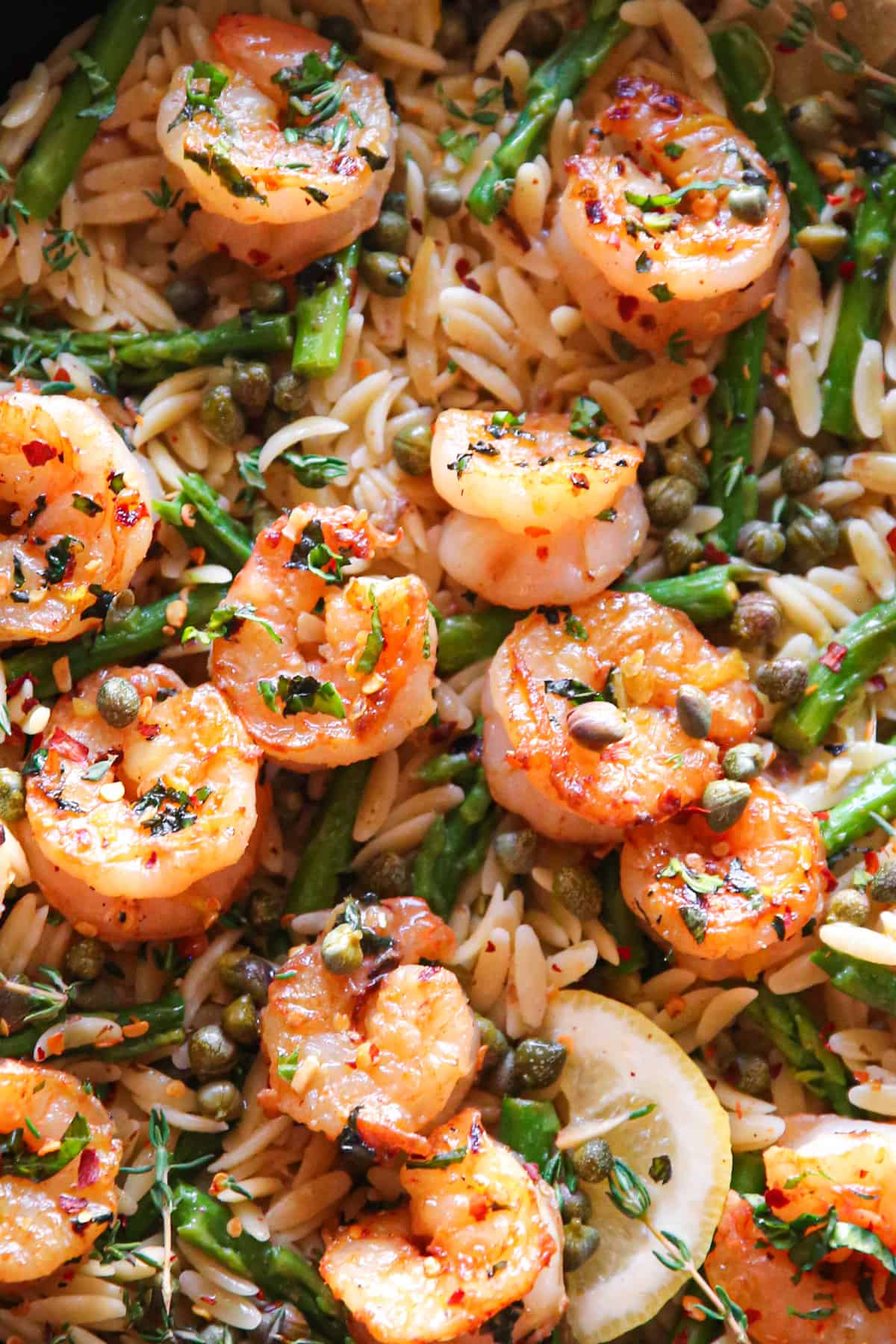 Lemon Shrimp Orzo with Asparagus and Capers - close-up photo.