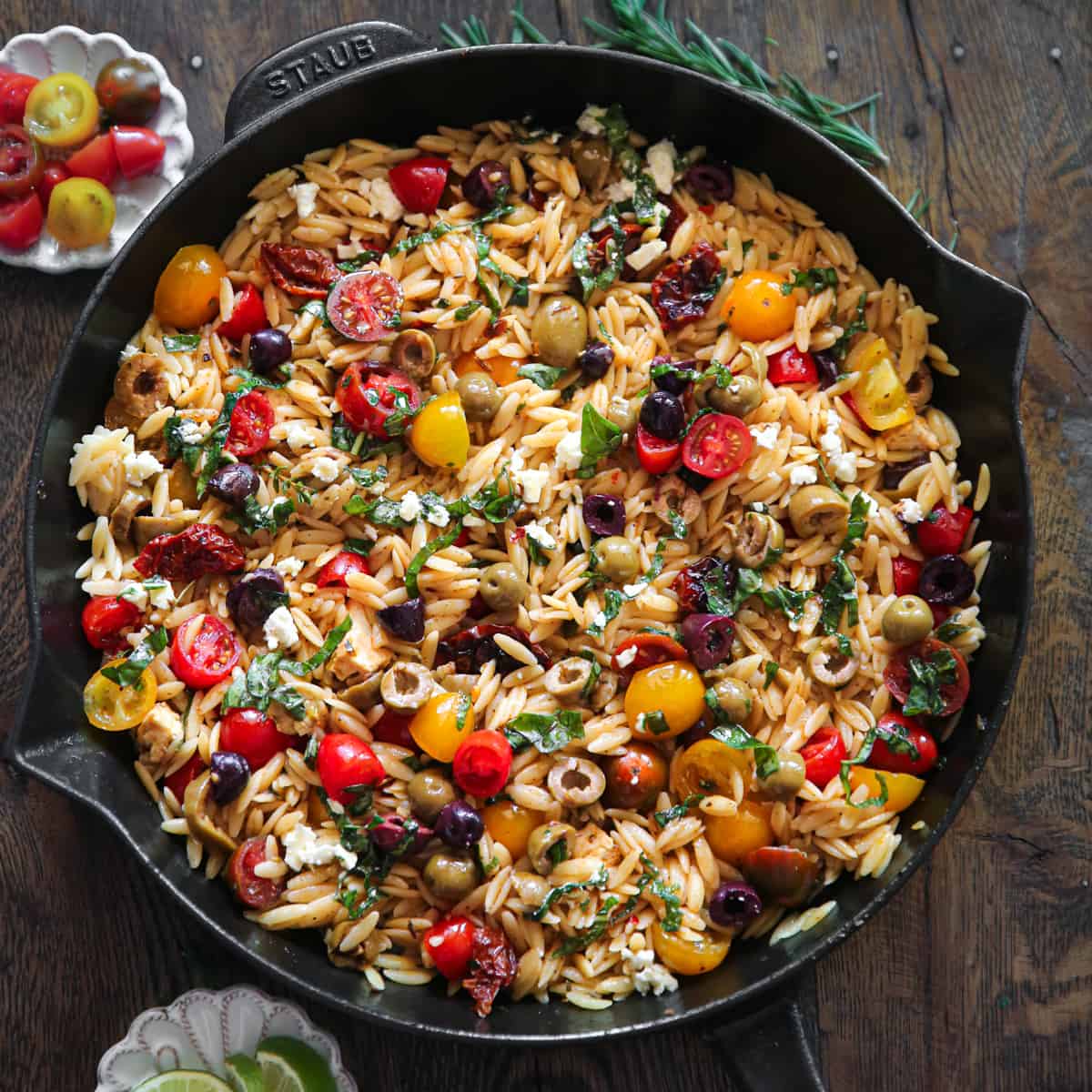 Greek Orzo with Tomatoes and Feta - in a cast iron skillet.