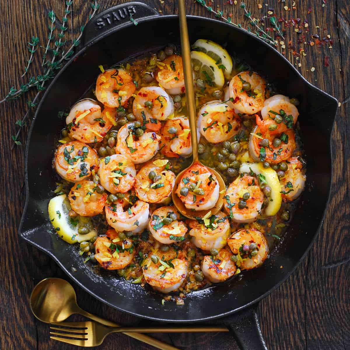 Shrimp Scampi with Lemon Garlic Butter Sauce and Capers - in a cast iron skillet.