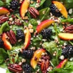 Summer Peach Spinach Salad with Blackberries, Pecans, Feta, and Balsamic Glaze (close-up photo).