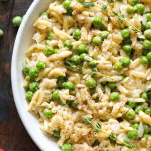 Creamy Garlic Parmesan Orzo with green peas - in a white bowl.