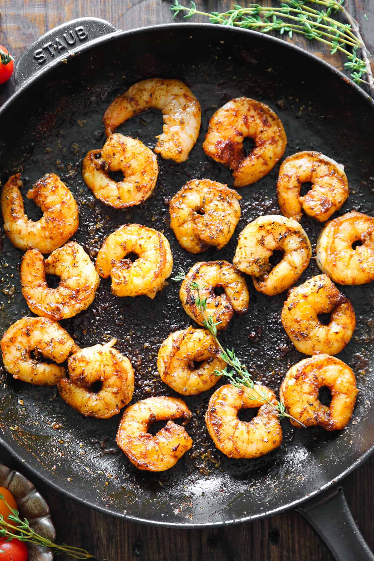 pan-seared shrimp in a cast iron skillet.
