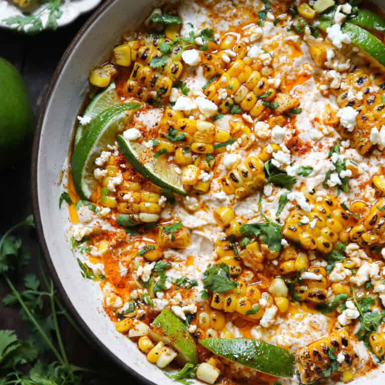 Mexican Street Corn Dip - in a white bowl.