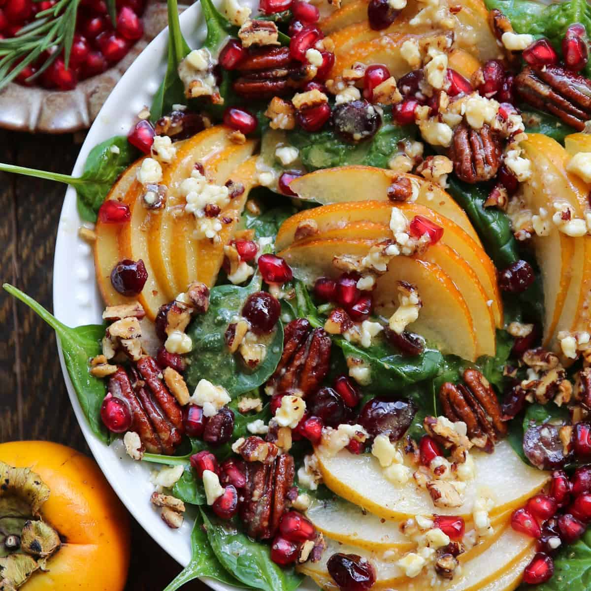 Pear and Pomegranate Spinach Salad with Maple-Lemon Mustard Dressing