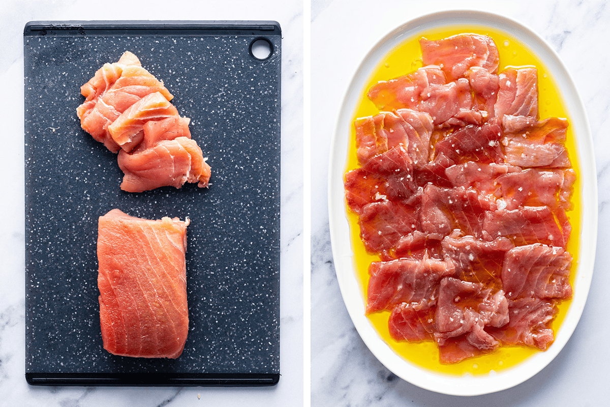 How to Make Tuna Crudo (Step-by-Step Photos) Left: Sliced raw tuna on a black cutting board. Right: Slices of tuna arranged on a white plate, drizzled with oil and sprinkled with seasoning.