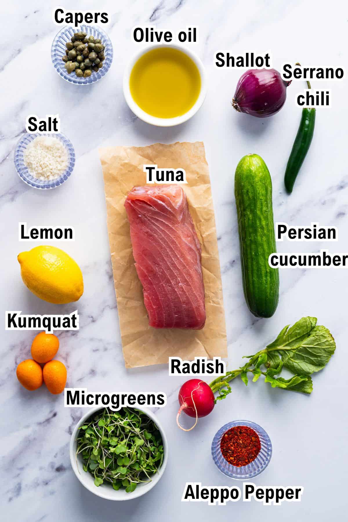 The Ingredients for Tuna Crudo This photo shows the labeled ingredients for Tuna Crudo including tuna, olive oil, capers, salt, shallot, serrano chili, Persian cucumber, lemon, kumquat, radish, microgreens, and Aleppo pepper.