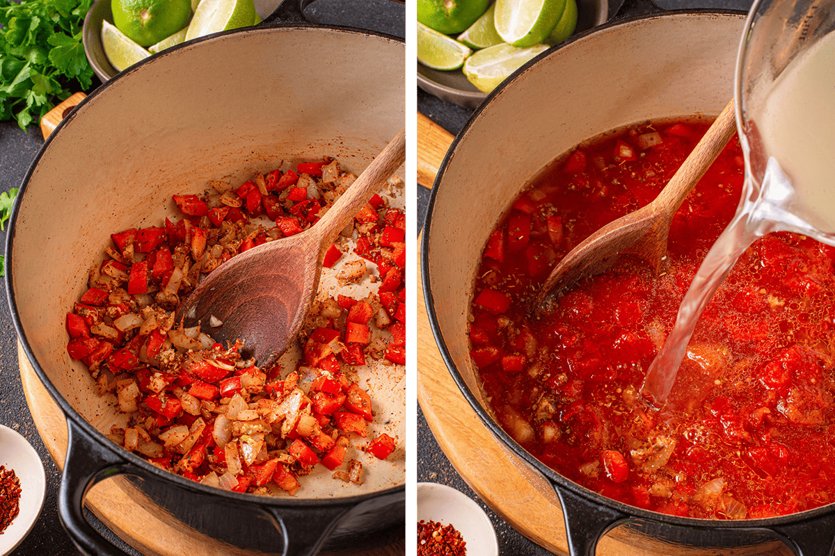Sautéing chopped onion, red bell pepper, minced garlic, cumin, chili powder, smoked paprika, and oregano in a dutch oven; then adding broth, enchilada sauce, fire-roasted tomatoes in a dutch oven.