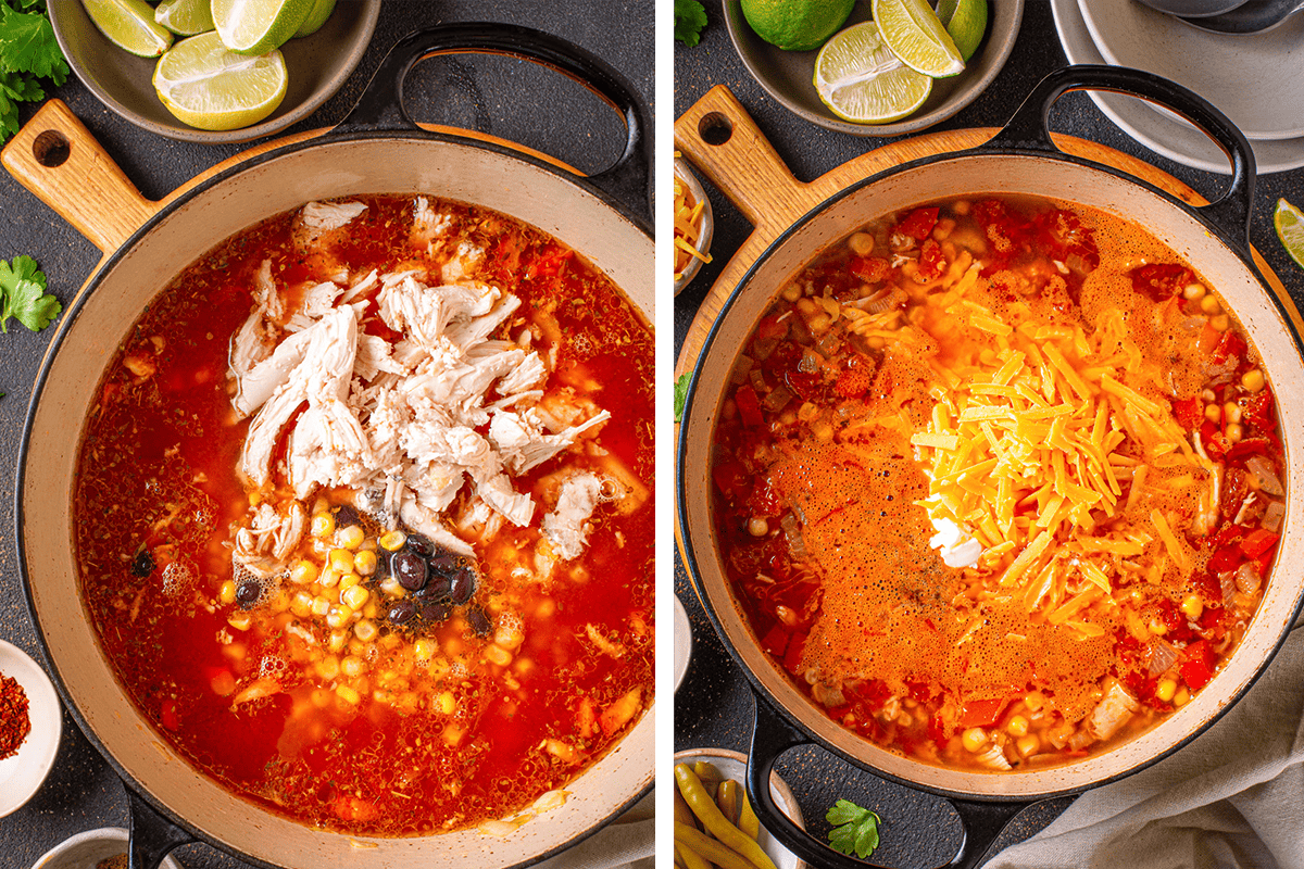 Adding black beans, corn, and shredded chicken to the dutch oven, then adding softened cream cheese, heavy cream, and shredded Cheddar cheese.