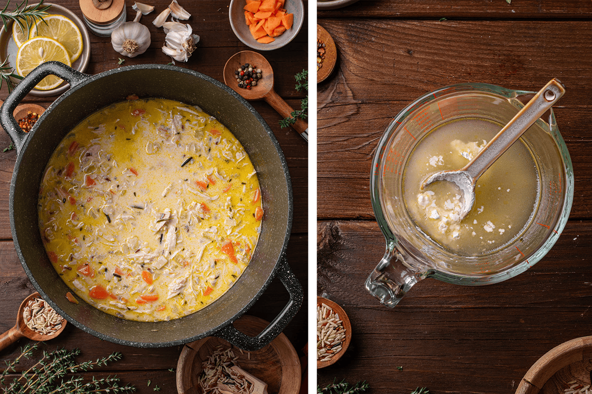 Stirring the creamy soup in a dutch oven and Whisk cornstarch with reserved stock in a large measuring cup.