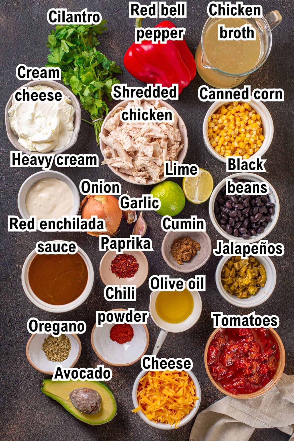 This photo shows all the ingredients needed to make Chicken Enchilada Soup.