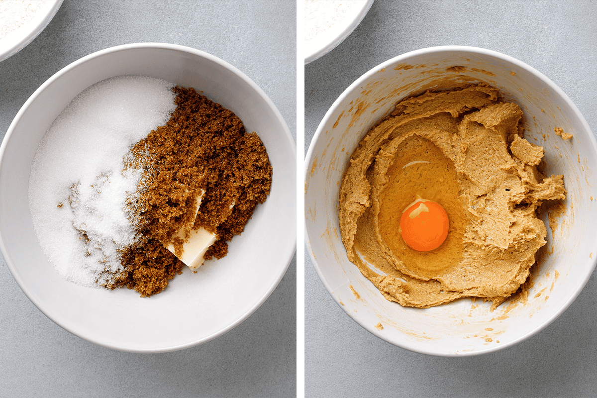 Combining butter, granulated sugar, and brown sugar in a bowl; then beating until light and adding eggs.
