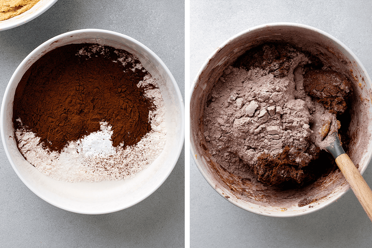 Combining dry ingredients in a bowl, then mixing dry and wet ingredients together in a bowl.