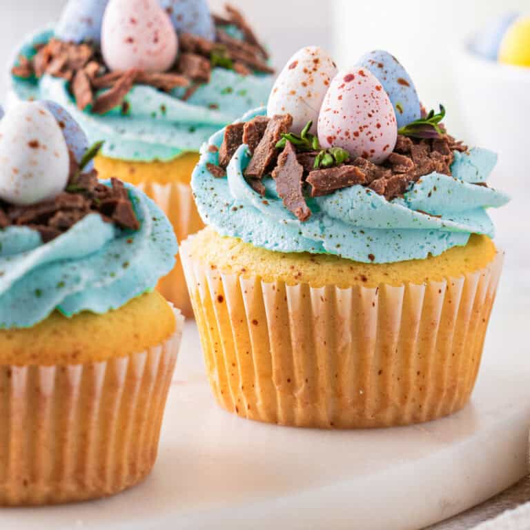Easter cupcakes with vanilla buttercream (topped with chocolate nests and mini chocolate eggs).
